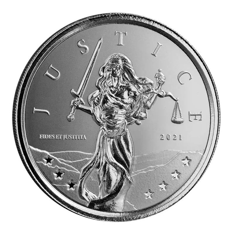 Серебряная монета Гибралтар «Юстиция» 2021 г.в., 31,1 г чистого серебра (проба 999)