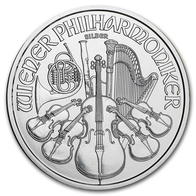 Серебряная инвестиционная монета Австрии - венский Филармоникер, 1 унция (31,1 г) чистого серебра (проба 999)